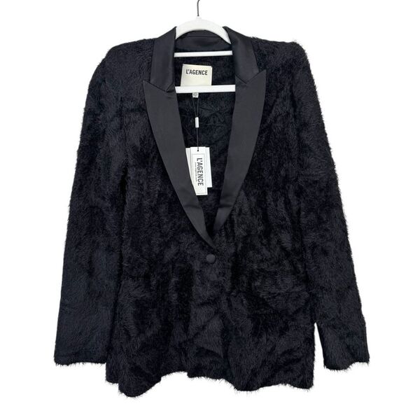 NEW L’Agence Baileigh Satin Lapel Fuzzy Knit Cardigan Black Size Medium - Picture 5 of 9